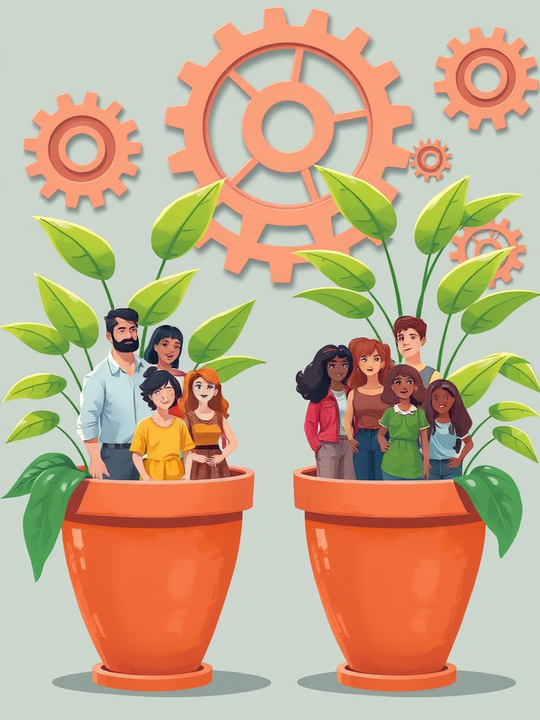Create a vibrant and detailed illustration of two groups of diverse people, each standing together within large, stylized plant pots featuring green leaves and mechanical gears in the background, shot in high resolution with a Canon EOS R5, using a 50mm lens, at f/1.8 aperture, with soft natural lighting to enhance depth and clarity.