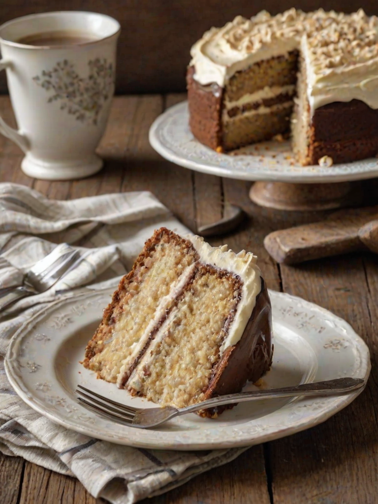 Create an image of a slice of cake on a plate with a fork beside it. The cake should have multiple layers, featuring a creamy filling and a crumbly crust. The plate should have a rustic appearance, and the background should include hints of a cozy kitchen setting.