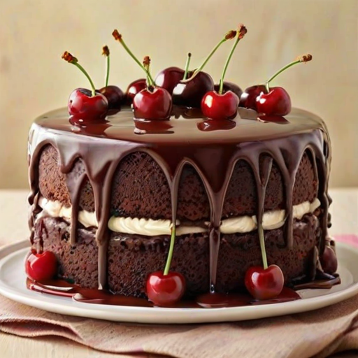 Generate an image of a delicious layered chocolate cake with cherries on top. The cake should have rich chocolate layers, creamy frosting, and a glossy chocolate drizzle. Include fresh cherries and chocolate shavings as decorative elements. The background should be a soft pastel color to enhance the dessert's appearance.