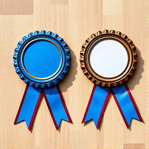Generate a high-resolution image of two decorative award badges, one blue and one brown, each with an empty white ribbon banner in the center, using a DSLR camera, f/2.8 aperture, 50mm lens, 1/100 sec shutter speed, and natural lighting to enhance clarity and detail.