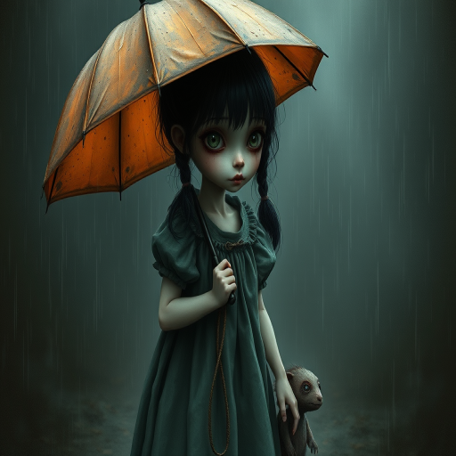 An eerie, weird little girl with dark hair in thin pigtails, wearing a smock dress, standing in the rain, holding a dirty orange umbrella, a small, odd creature beside her. In a surreal style inspired by Nicoletta Ceccoli and Brian Froud. Dark fantasy themes