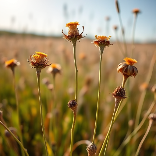 Regenerate the image of dried wildflowers in a field on a sunny day with a shallow depth of field, f/2.8 aperture, 50mm lens, ISO 100, shot from a low angle with bright natural lighting to enhance details and colors.