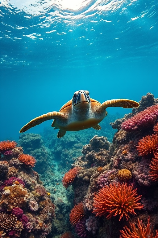 underwater scene of a sea turtle swimming over vibrant coral reefs, wide-angle lens, f/8 aperture, ISO 200, shutter speed 1/200s, DSLR camera, natural lighting, high-resolution image