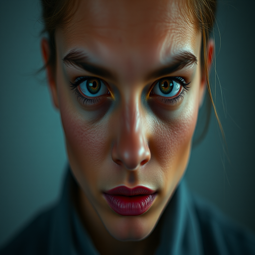 Create a portrait of a person with an enigmatic expression, using a Canon EOS R5 camera at f/1.8, ISO 100, 50mm lens, captured from eye level with soft, diffused lighting, focusing on shallow depth of field for a blurred background.