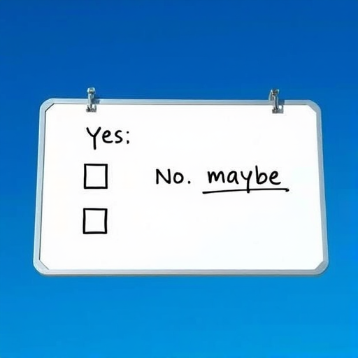 Create an image of a whiteboard with three checkboxes labeled "yes," "no," and "maybe," with "maybe" checked, in a bright blue sky background, shot with a DSLR camera at f/5.6 aperture, 1/200 sec shutter speed, and ISO 100, in landscape orientation for enhanced clarity and vibrancy.