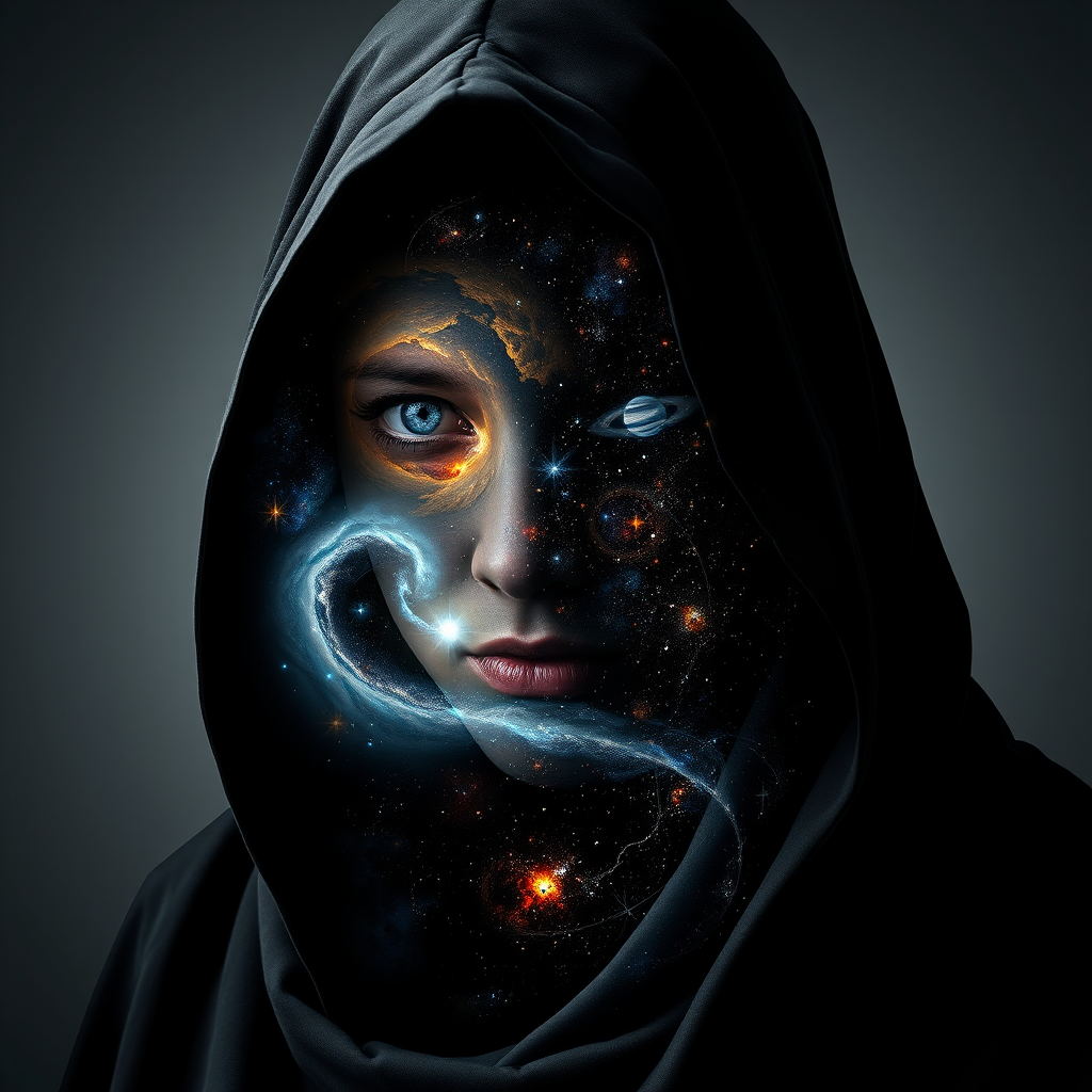 A mysterious hooded figure stands silently, the dark cloak flowing around them like shadows. Beneath the hood, their face is a mesmerizing cosmic scene where swirling galaxies, radiant stars, and vibrant planets form the features. Nebulas drift where eyes should be, glowing softly, while delicate streaks of cosmic energy trace the outlines of a nose and lips. Comets streak across the vastness of their face, and faint constellations pulse with life. The entire visage shifts and evolves as if the universe itself is contained within the figure, giving an ethereal, otherworldly presence to their form.