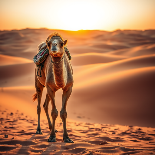 a majestic camel standing in a vast desert with rolling sand dunes during golden hour, sharp focus, 50mm lens, aperture f/2.8, ISO 100, low angle view, high dynamic range, DSLR camera, vibrant colors and detailed textures