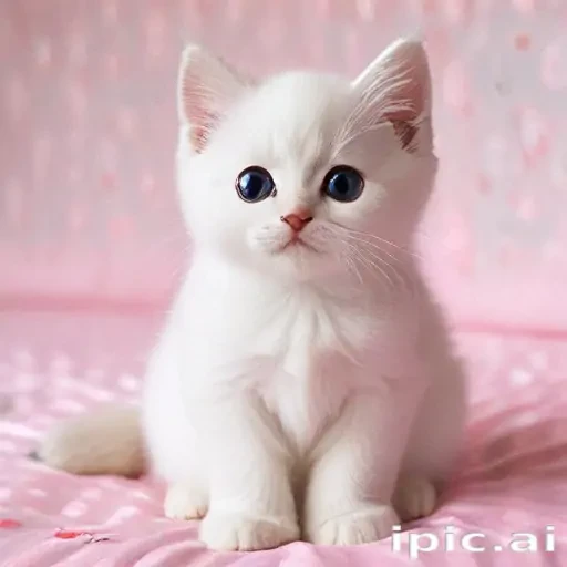 A Cute Fluffy White Kitten with Big Blue Eyes on Soft Pink Background.