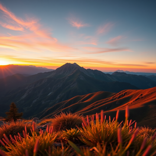 Create a high-resolution digital image of a serene mountain landscape during golden hour with vibrant colors, using a 16mm lens, f/8 aperture, ISO 200, 1/125 sec shutter speed, captured from a low angle to emphasize foreground details, employing a full-frame DSLR camera for optimal quality.