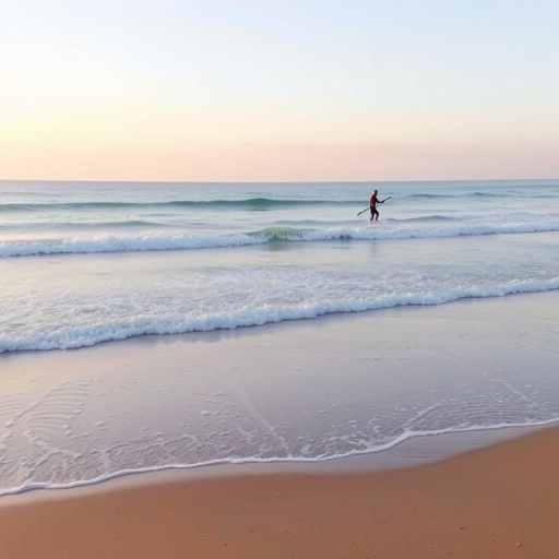 Peaceful beach scene at dawn, gentle waves lapping at the shore, with a lone surfer paddling out to catch the early morning swell.