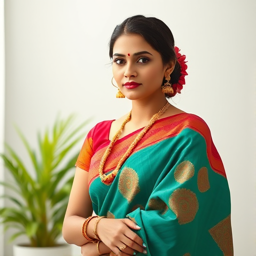 Create a high-quality digital illustration of a woman wearing a traditional saree, focusing on vibrant colors and intricate patterns, shot with a 50mm lens at f/1.8 for a shallow depth of field, in a bright and well-lit environment, using a DSLR camera for optimal clarity and detail.