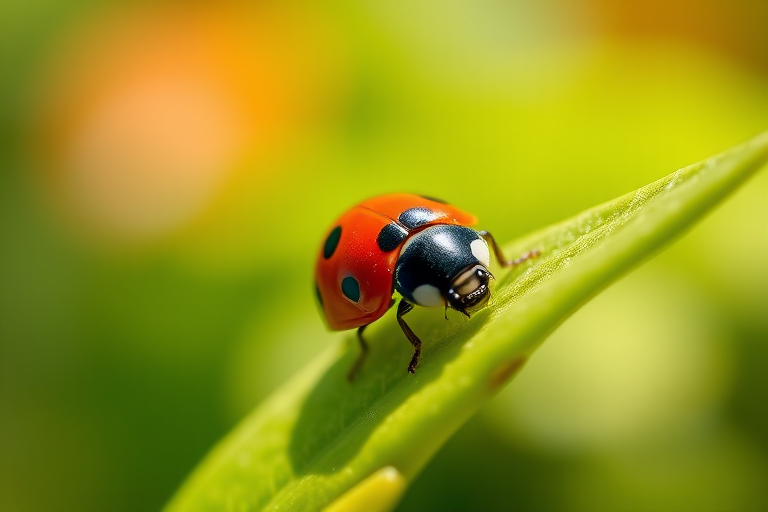 Close-up shot of a red ladybug with black spots resting on a vibrant green leaf, natural sunlight, aperture f/2.8, shutter speed 1/250s, ISO 100, macro lens 100mm, DSLR camera, shallow depth of field, focus on the ladybug, soft bokeh background.