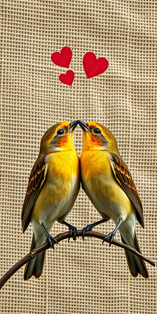Generate an illustration of two birds kissing with hearts above them on a textured fabric background, use a Canon EOS 5D Mark IV, 50mm lens, aperture f/2.8, ISO 100, capture in natural light for enhanced detail and clarity.