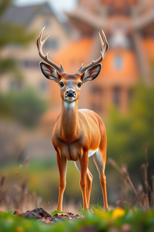 Create a high-quality illustration of a deer standing in a natural environment with vibrant colors, soft focus background, shot from a low angle using a DSLR camera at f/8 aperture, ISO 200, 50mm lens for sharp detail and depth of field.