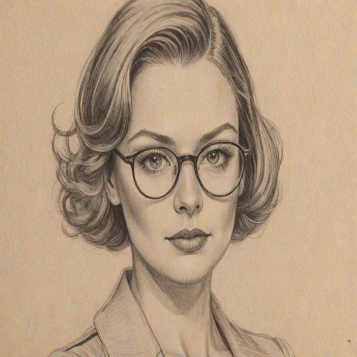 Splendid Billi Mucklow, pencil sketch, portrait of Enchanting woman 1928s in glasses, hair style beatnik, outline, clear lines, fine lines, 8k
