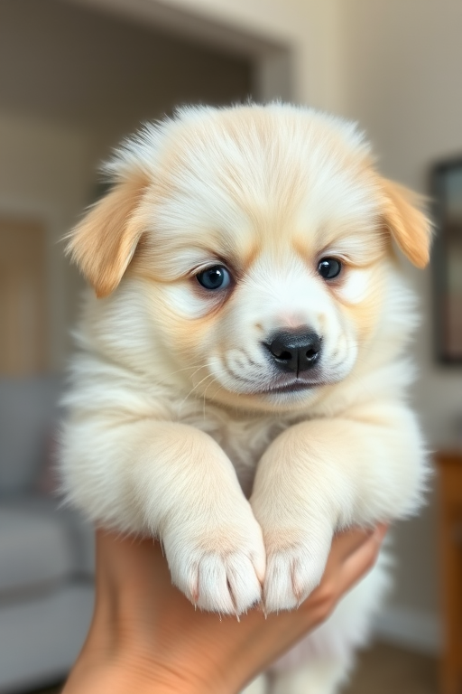 Cute fluffy puppy with blue eyes being held by a person indoors with soft lighting and a neutral background