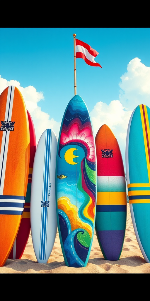 Generate a vibrant digital illustration of surfboards lined up on a beach with a colorful painted surfboard in the center, include a waving flag in the background, use high resolution 24MP camera settings, shoot from a low angle with a wide aperture of f/2.8, and apply a digital art style for enhanced texture and depth.