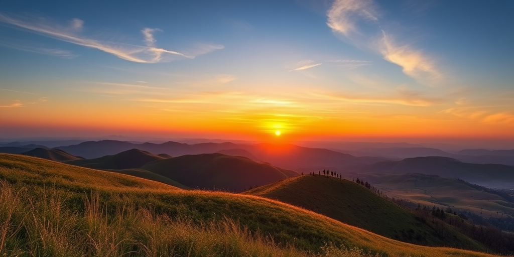 Create a high-resolution image of a serene landscape featuring rolling hills and a vibrant sunset, captured with a Canon EOS R5, 24-70mm lens at f/8, 1/200s, ISO 100, wide-angle view, with a warm color palette and sharp details.
