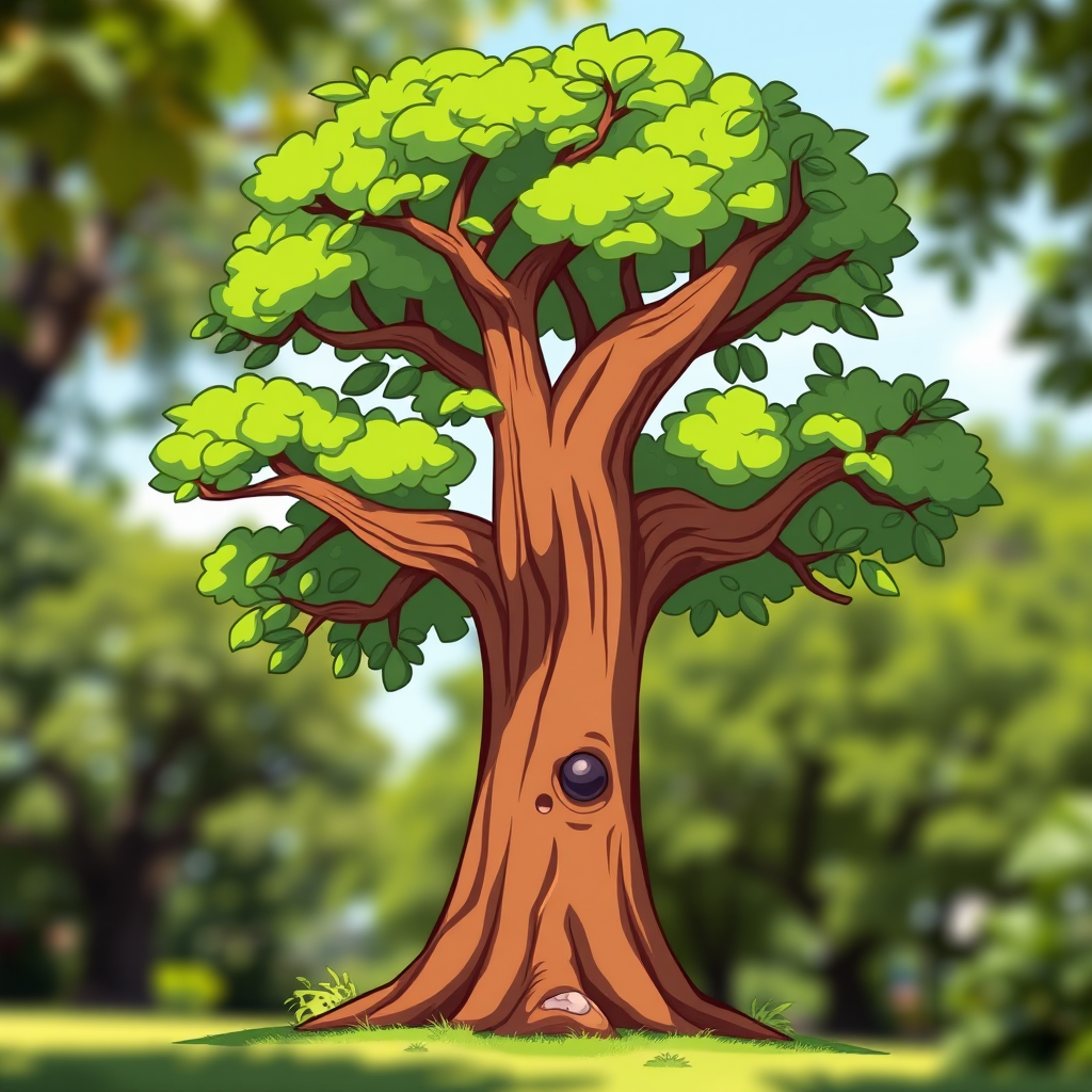 Generate a high-resolution illustration of a cartoon tree with a thick brown trunk and lush green leaves, photographed using a DSLR camera with a 50mm lens at f/2.8, 1/125 sec shutter speed, ISO 100, in natural daylight, with a shallow depth of field to emphasize the tree against a blurred background.