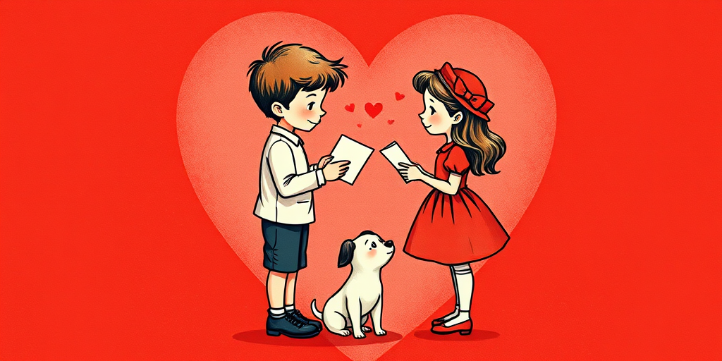 Create a vintage illustration of a boy and girl exchanging a love letter with a small dog at their feet, set against a bright red heart background, shot with a Canon EOS R5, 50mm lens, f/1.8 aperture, ISO 100, soft focus style, vibrant colors.