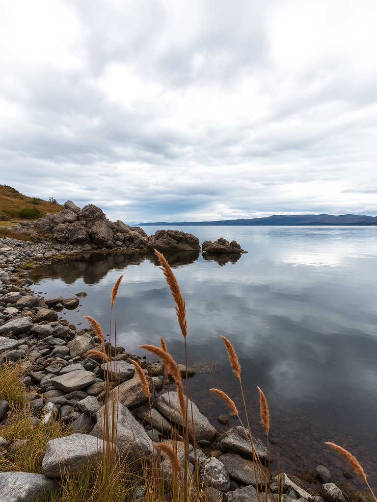Serene lake landscape with rocky shoreline, calm water reflecting moody skies, reeds in foreground, shot with a DSLR camera at f/8 aperture, 1/125 sec shutter speed, ISO 100, wide-angle lens, in soft natural light.