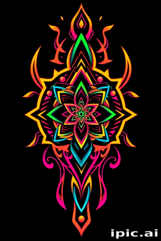 Vibrant "Neo-Tribal Fusion" tattoo design featuring intricate geometric patterns intertwined with organic shapes, rendered in bold neon colors against a deep black background, showcasing a mesmerizing blend of traditional tribal motifs and futuristic elements, with sharp lines and smooth curves creating a dynamic and eye-catching composition that seems to pulse with energy, perfect for those seeking a modern twist on ancestral art