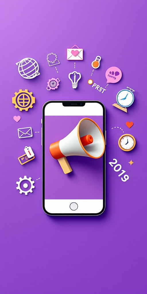 Create a vector illustration of a smartphone with a megaphone emerging from the screen, surrounded by icons like a globe, gears, a clock, a heart, and an envelope on a purple background, using a Canon EOS R5 camera with a 50mm lens, aperture f/2.8, ISO 100, shot from a top-down view to enhance detail and color vibrancy.