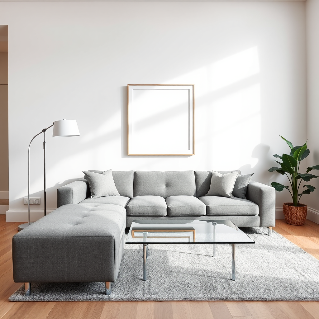 interior of a modern living room featuring a gray sofa, minimalist glass coffee table, floor lamp, and a plant, with a blank picture frame on the wall, bright natural lighting, 35mm lens, f/5.6 aperture, ISO 200, shot from a 45-degree angle