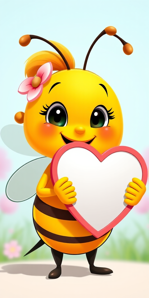 Create a vibrant, cartoon-style image of a cheerful bee with a ponytail and a flower accessory, holding a heart-shaped mirror, captured in high resolution with a Canon EOS 5D Mark IV, 50mm lens at f/2.8, ISO 100, natural lighting, front view.