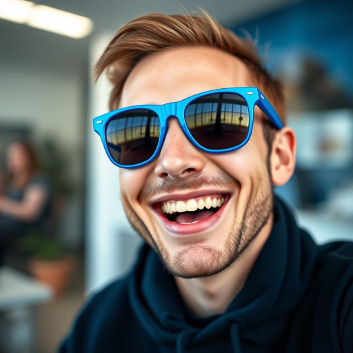 Create an image of a cheerful smiley face wearing blue sunglasses, shot in high resolution with a 50mm lens, aperture f/1.8, ISO 100, in a well-lit environment with a soft focus background, using a DSLR camera for enhanced image quality.