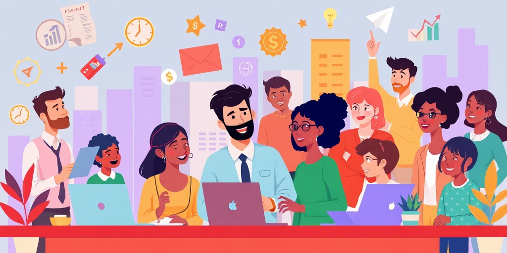 Create a vibrant illustration of diverse, animated characters engaging in teamwork and collaboration, with a focus on finance, technology, and success, using a Canon EOS R5, 50mm f/1.2 lens, aperture at f/8, ISO 100, shot from a slightly elevated angle for added depth and perspective.