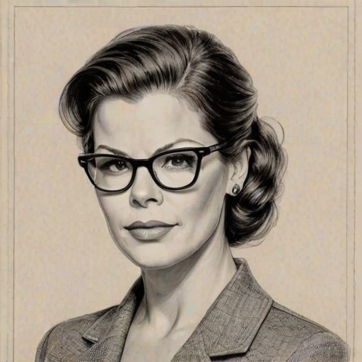 Sublime Marcia Gay Harden, pencil sketch, portrait of Ravishing woman 1949s in glasses, hair style beatnik, outline, clear lines, fine lines, 8k