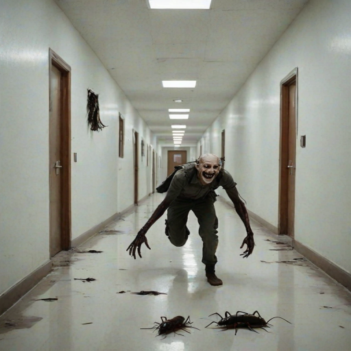 a crooked male with long arms and a creepy smile is crawling along a long white corridor and you can also see cockroaches in it there is a creepy atmosphere creepy art style