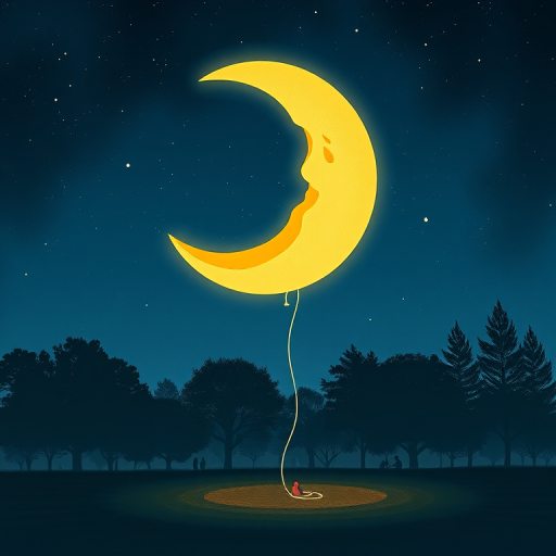 Create an illustration of a night scene with a crescent moon tied to a balloon, showing silhouettes of trees and people in the distance, using a DSLR camera with a 50mm lens, f/1.8 aperture, ISO 800, and a long exposure of 10 seconds for enhanced image quality.
