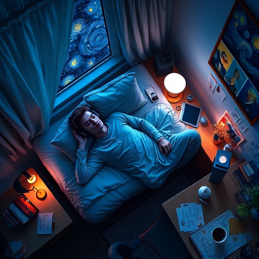 A top-down Van Gogh-style painting of a young man lying on his bed, listening to music with headphones. The room is softly lit with deep blues and purples, creating a peaceful nighttime atmosphere. The bed has a soft pillow, and the man's arms are resting behind his head. Around the bed, various glowing gadgets such as a smartphone, a laptop, and a small lamp are visible, casting a gentle light. The rest of the bedroom includes a desk with books, a chair, and a small rug on the floor. A window near the bed reveals a starry night sky with swirling stars, reminiscent of Van Gogh's 'Starry Night.' On the desk, there is a sketchbook with colorful drawings, a cup of coffee steaming gently, and a small potted plant. The walls have posters of famous paintings and a corkboard with pinned notes and photos. The scene is full of dynamic, swirling brushstrokes, capturing the essence of Van Gogh's unique style. The overall mood is serene and contemplative, with a touch of artistic inspiration.