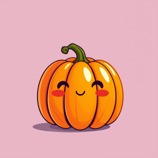 Create a kawaii-style pumpkin with a cheerful, happy face and rosy cheeks. The pumpkin should be vibrant orange with a shiny texture. Design it to be cute and playful, ideal for a light-hearted Halloween or autumn theme, with a simple and whimsical expression.