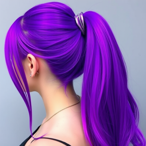 Intense ultraviolet purple hair in the "Cosmic Queen" design features a long, sleek ponytail with holographic accents