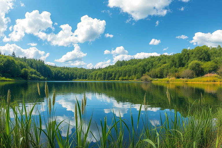 Generate a highly detailed illustration of a serene landscape featuring a calm lake surrounded by lush greenery, with a clear blue sky and fluffy white clouds, captured with a Canon EOS R5 at f/8, ISO 100, 1/200s, wide-angle lens, taken from a low angle to emphasize the foreground plants and reflections in the water.