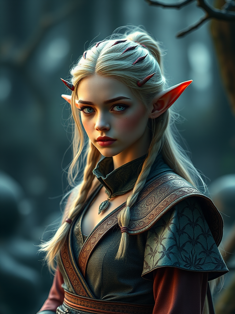 Create a high-resolution image of a graceful elf-like character with long pointed ears, wearing a stylish outfit made of intricate patterns and delicate fabrics, in a well-lit fantasy setting, captured with a full-frame DSLR camera at f/2.8, ISO 100, 50mm lens, and a soft focus background for depth.