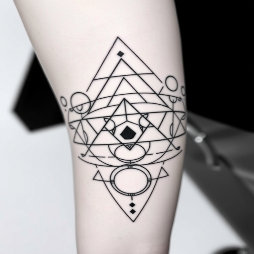 Minimalist black and white linework tattoo called "Geometric Harmony" showcasing intricate patterns of triangles, circles, and hexagons intertwining to form a mesmerizing abstract design with clean crisp edges