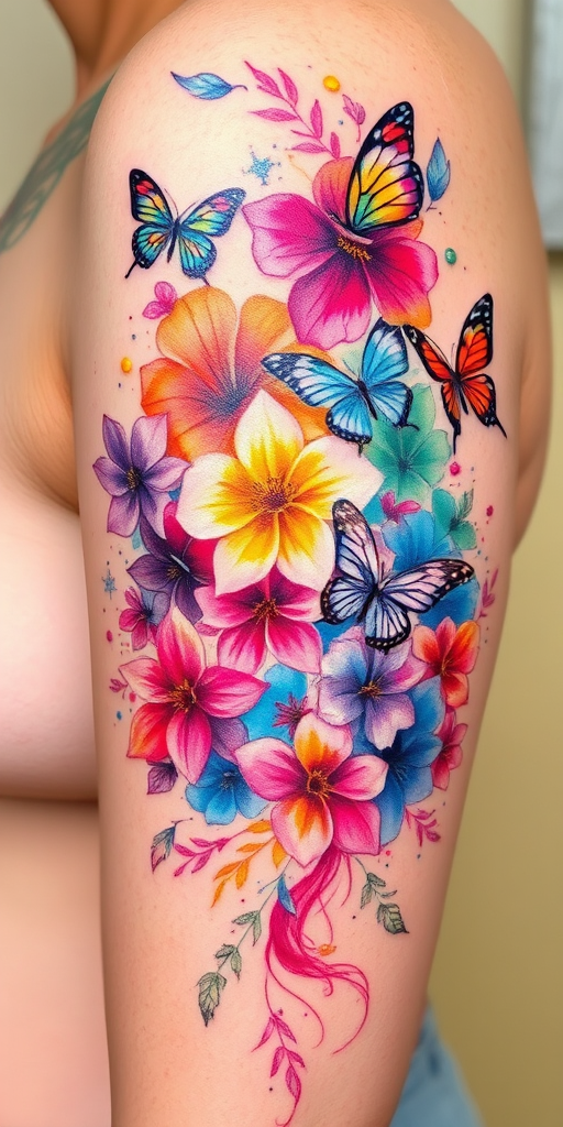 Vibrant watercolor tattoo named "Prismatic Bloom" featuring a cascade of rainbow-hued flowers intertwined with delicate butterflies, flowing seamlessly across the skin with soft edges and translucent overlays