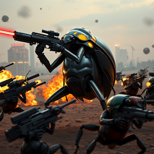 A highly detailed scene of a giant beetle commando standing on its hind legs, wielding a futuristic plasma rifle. Its exoskeleton is sleek and metallic, reflecting the neon lights of a distant city skyline. Other insects, such as armored ants and mantises, surround it, holding a mix of sci-fi weaponsâlaser pistols, energy swords, and grenade launchers. The battlefield is chaotic, with explosions in the background, as the insect squad charges into battle, their stances tense and ready for combat. The aesthetic feels like a mix of cyberpunk and military sci-fi.