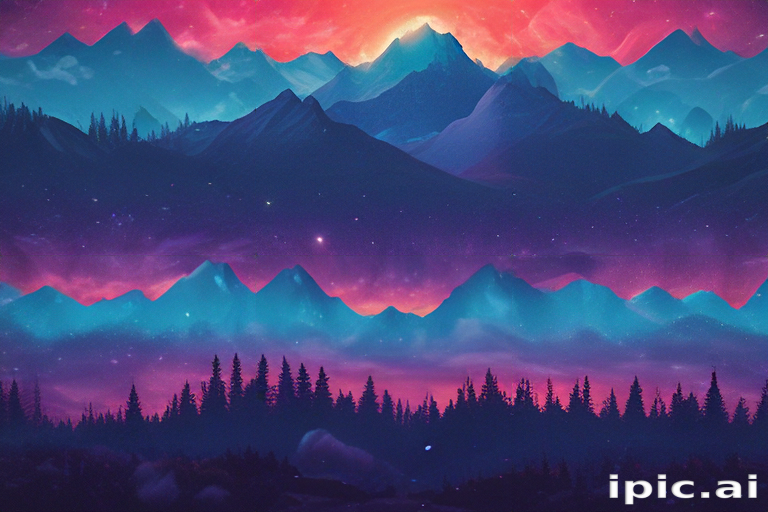 Vibrant Cosmic Landscape with Majestic Mountains and Starry Sky Above