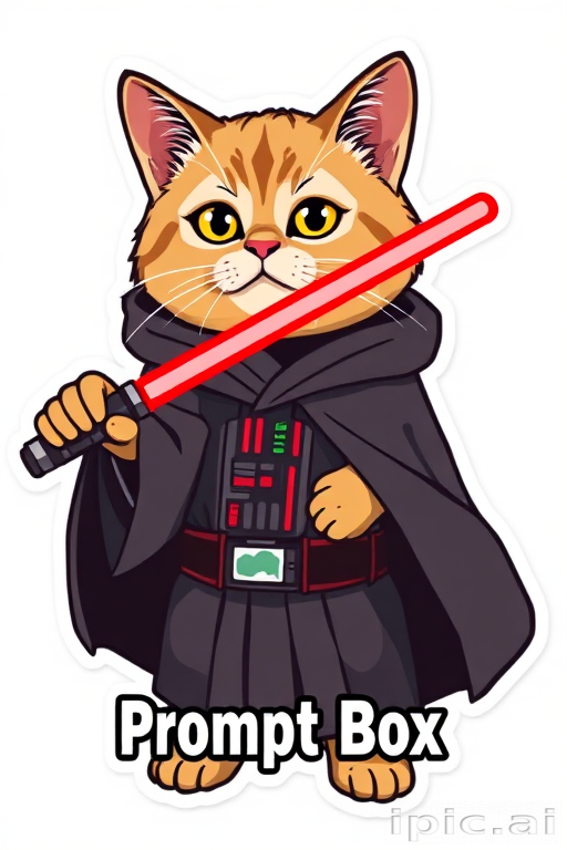 Sticker design, content cat wearing a  Dartvader  robe and holding red  lightsaber, promoting a message with the words "Prompt Box", flat bright colors, isolated on a white background, illustration