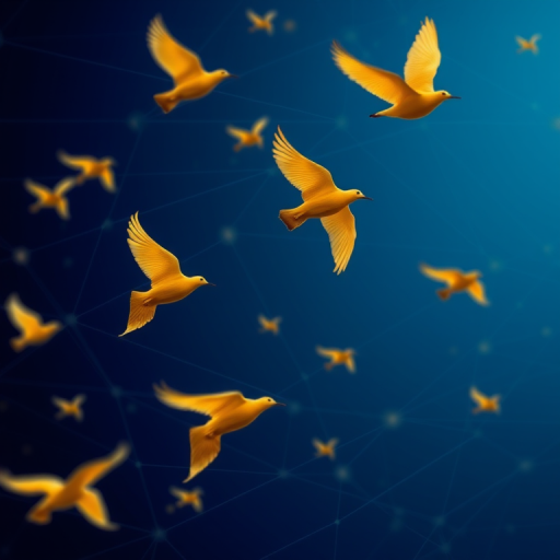 Create an image of a dynamic abstract design featuring golden birds in flight against a deep blue background with network-like lines, captured with a DSLR camera, using a 50mm lens at f/1.8 for a shallow depth of field, ISO 200, and a shutter speed of 1/200s, in a high-resolution image style.