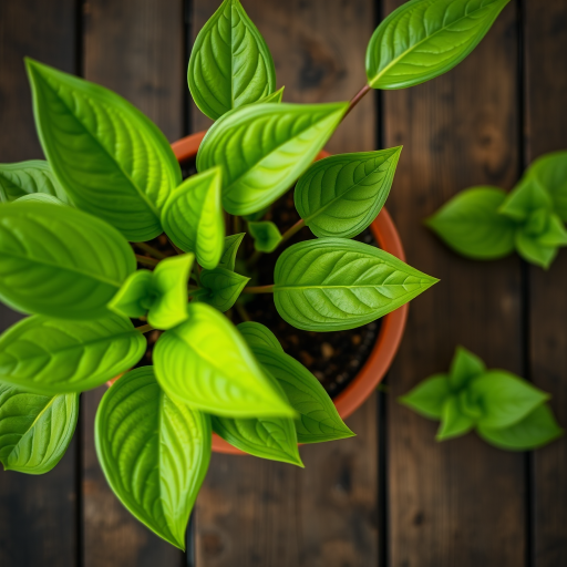 Close-up of a green potted plant with lush leaves on a rustic wooden table, shot with a Canon EOS R5 at f/2.8, 1/100s, ISO 100, top-down view, natural lighting, macro style.