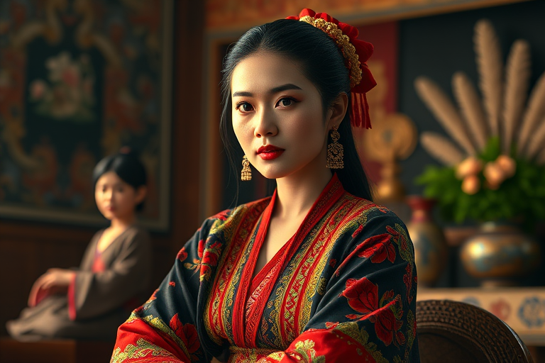 A beautiful Quechua woman in traditional East Asian attire, intricately detailed with embroidered patterns, sitting gracefully in a richly decorated room, soft ambient lighting, serene and elegant, ultra-realistic, 8K resolution