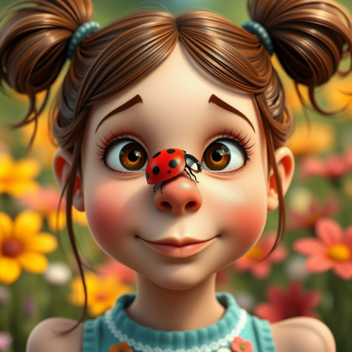whimsical comical cartoon art Quentin Blake style, closeup portrait view of a cute girl with two ponytails in her hair, an adorable ladybug sits on her nose, funny children’s book illustration with bright colors and flowers in the background