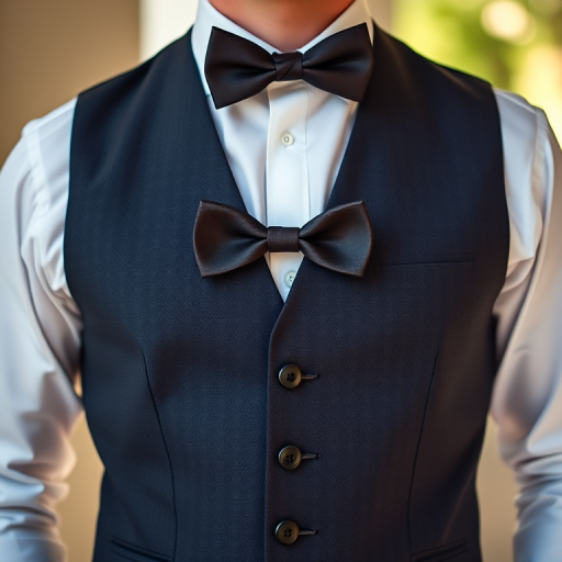Create an image of a stylish vest with a bow tie, soft focus, shallow depth of field, natural light, 50mm lens, f/2.8 aperture, ISO 100, photographed from a slightly elevated angle.