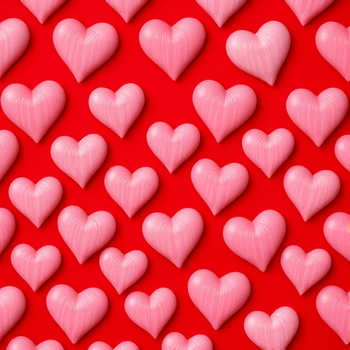 High-resolution image of a repeating pattern of hearts on a vibrant red background, shot with a Canon EOS R5 at f/8, 1/250 sec, ISO 100, using a macro lens for detailed texture clarity.